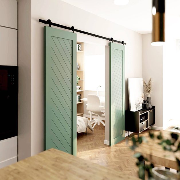 Zielone drzwi przesuwne dwuskrzydłowe oddzielające sypialnię od salonu