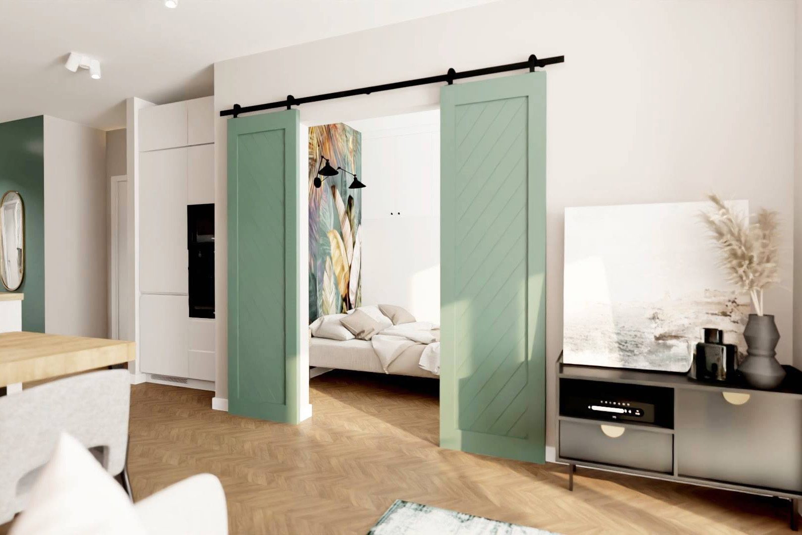 Zielone drzwi przesuwne dwuskrzydłowe oddzielające sypialnię od salonu