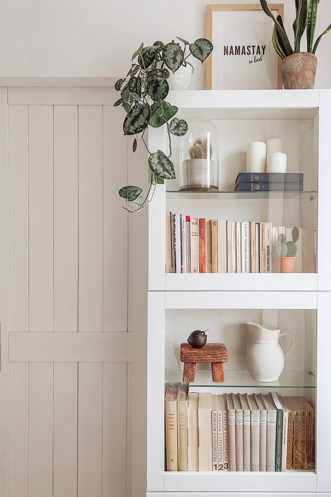 biała przeszklona witrynka wypełniona książkami na tle białej ściany